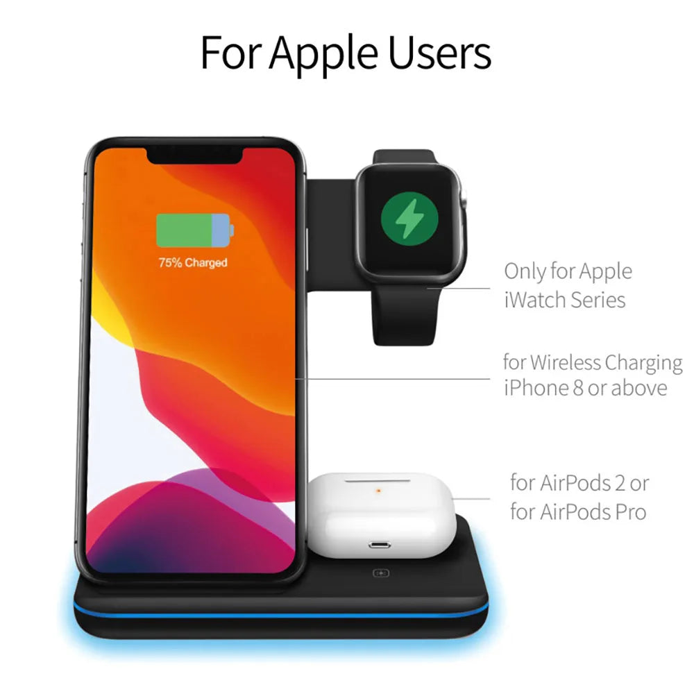 Premium 3-in-1 Wireless Charging Station 15W for iPhone, Apple Watch & AirPods